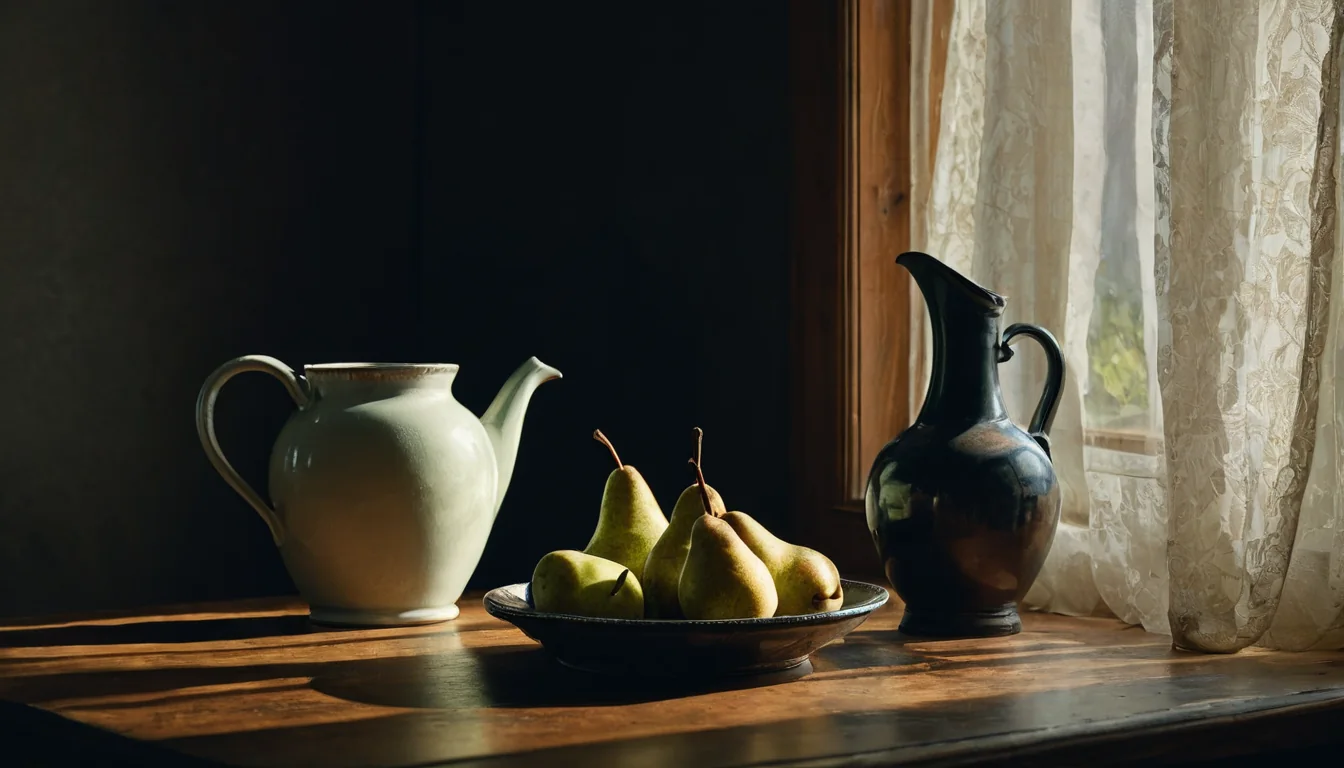 A bowl of green pears and two ceramic pitchers on a wooden table bathed in sunlight through lace curtains.