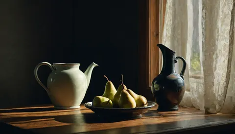 A bowl of green pears and two ceramic pitchers on a wooden table bathed in sunlight through lace curtains.