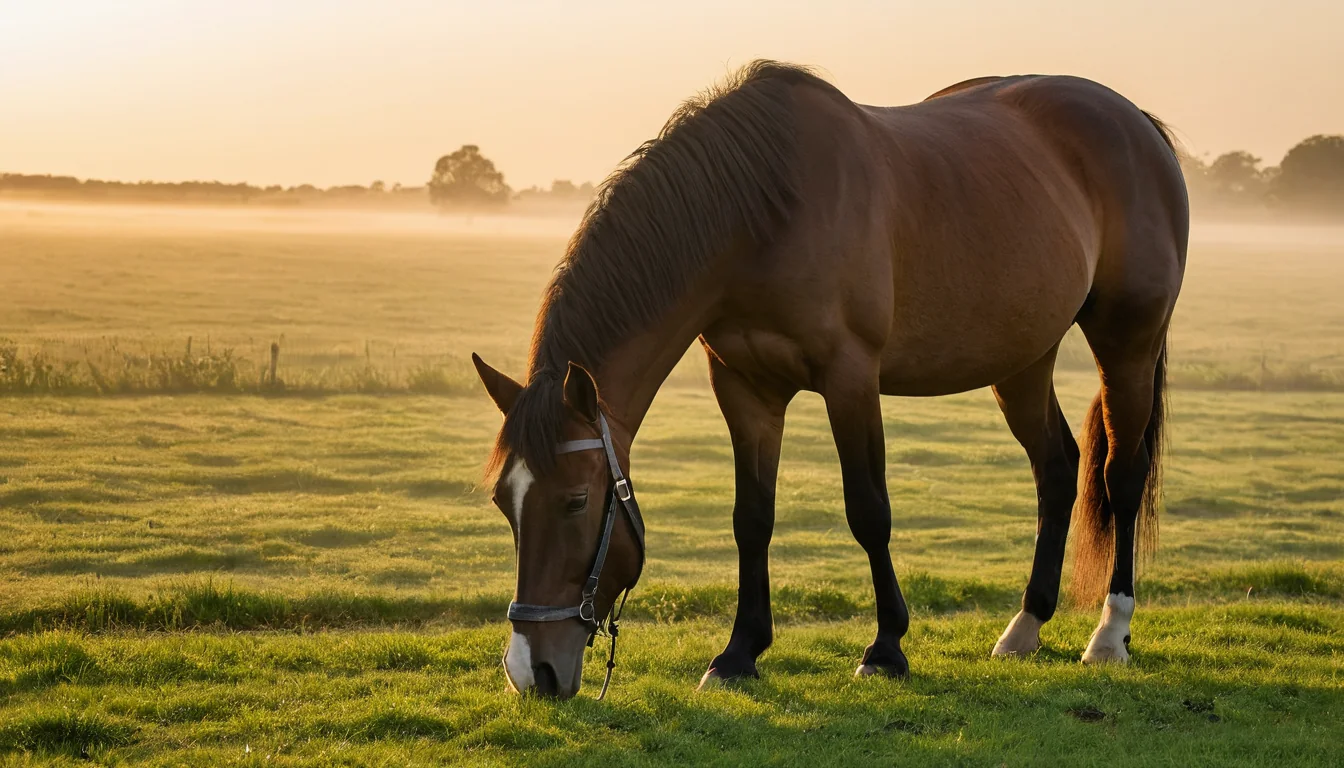 A brown horse with a white blaze grazes in a misty green field at sunrise.