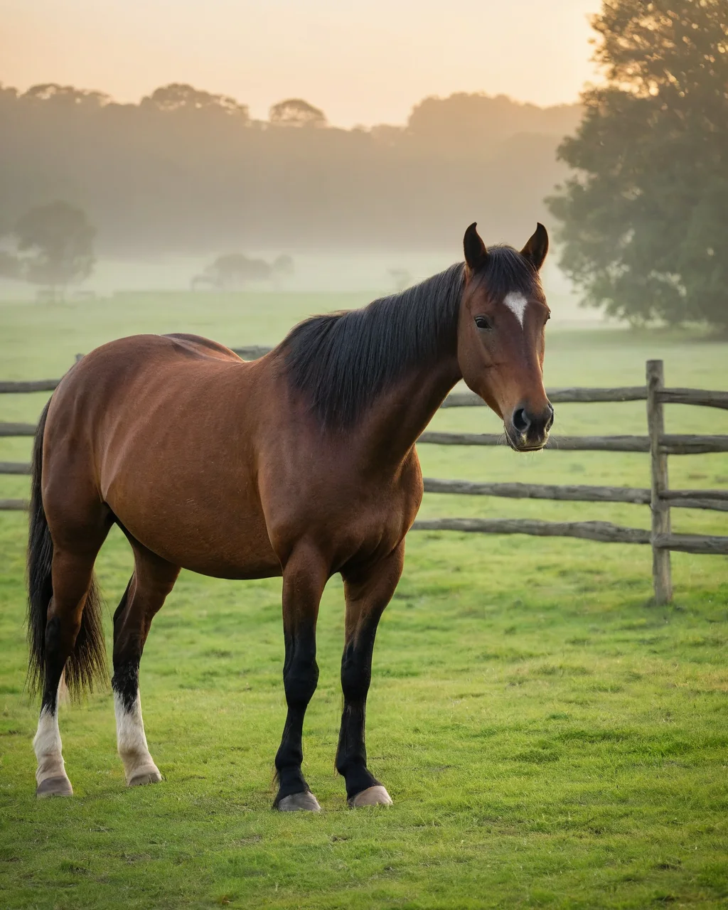 A chestnut horse with a white blaze stands in a misty green pasture at sunrise beside a wooden fence.