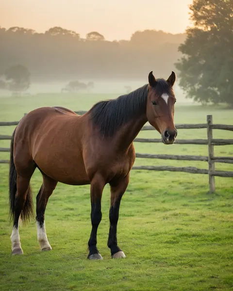 A chestnut horse with a white blaze stands in a misty green pasture at sunrise beside a wooden fence.
