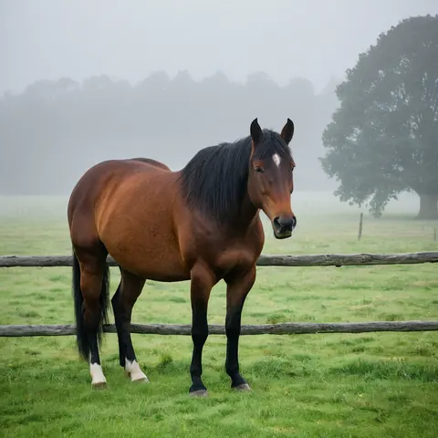 A chestnut horse with black mane and white socks stands behind a wooden fence in a misty green field.