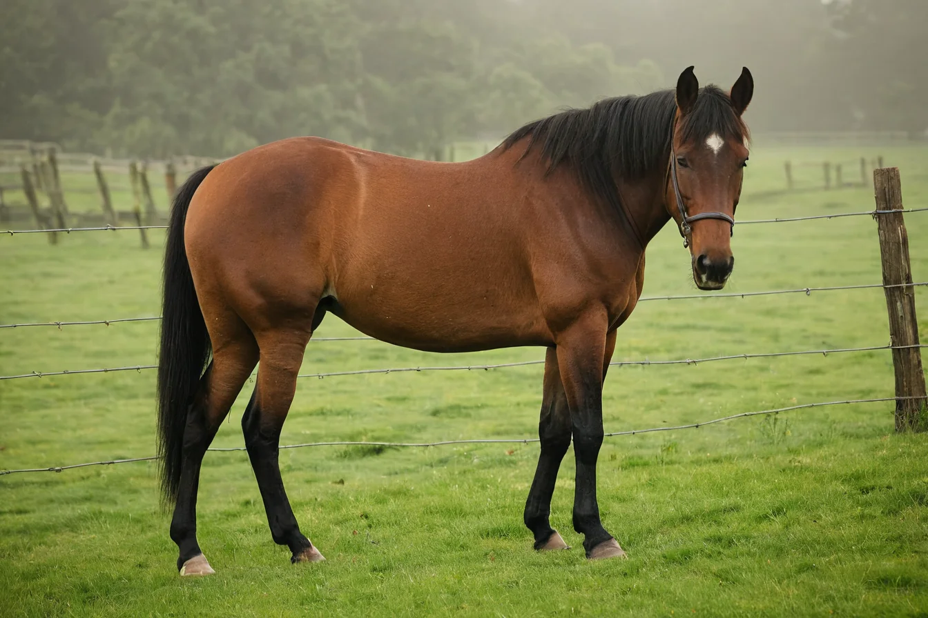 A chestnut horse with black mane and legs stands in a misty green pasture behind a wire fence.