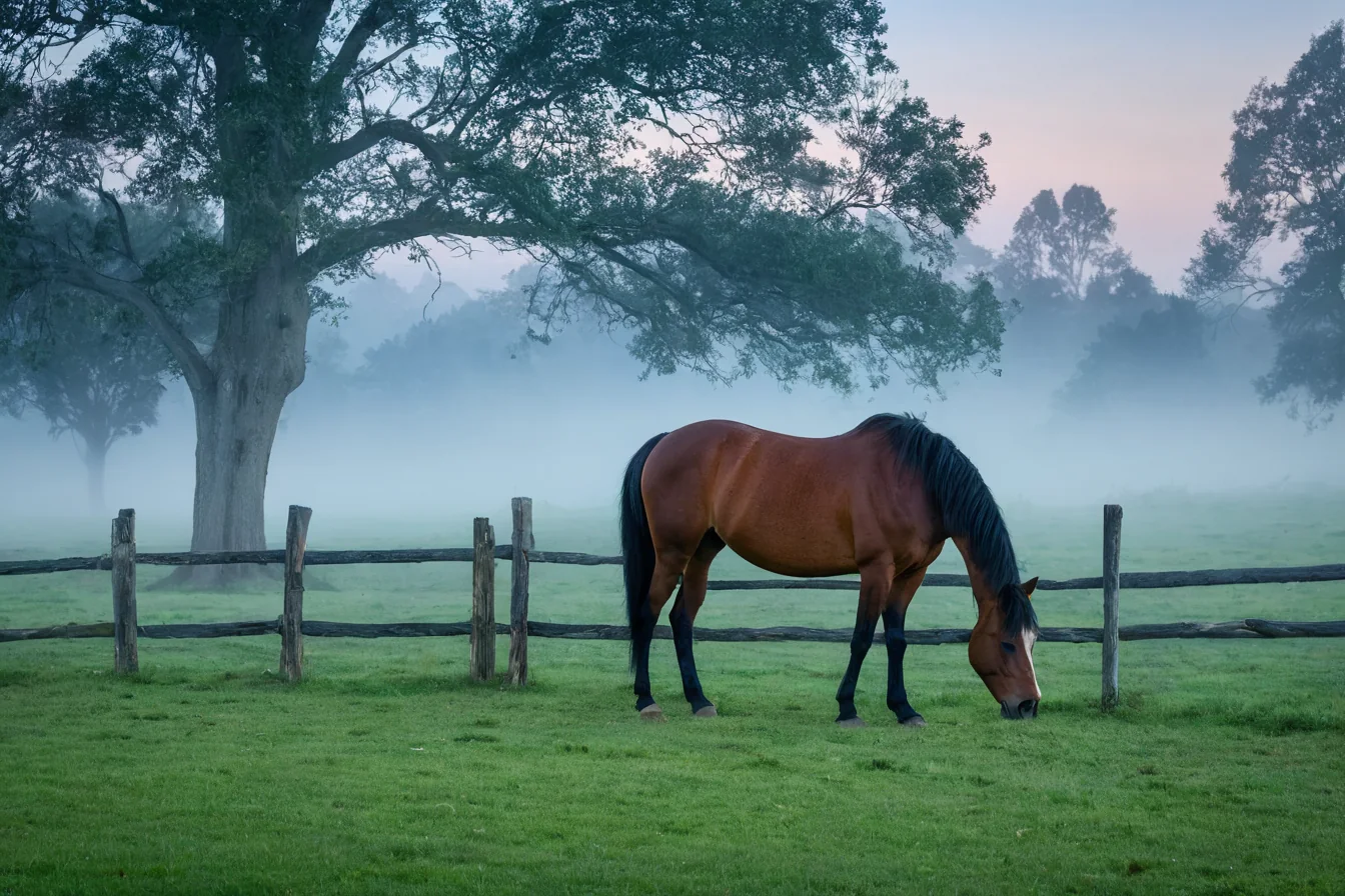 A chestnut horse with black mane grazes in a misty green pasture under a large tree at dawn.
