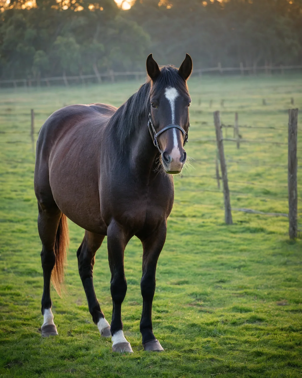 A dark brown horse with a white blaze stands calmly in a sunlit green pasture bordered by a wooden fence.