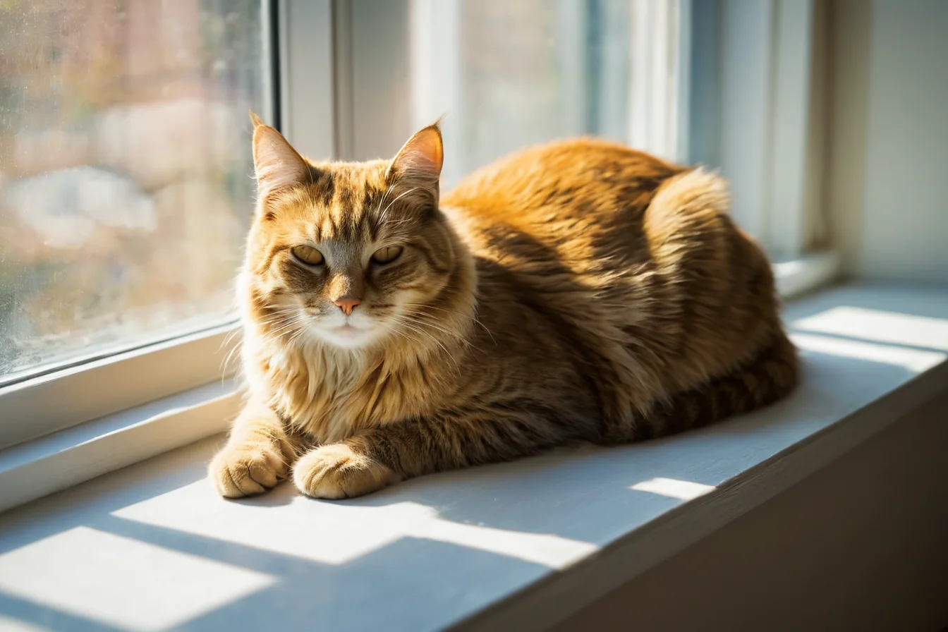 A ginger cat basking in sunlight on a white windowsill