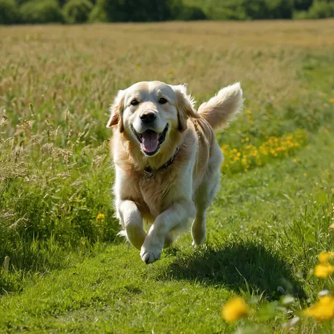 A golden retriever running happily through a grassy field with yellow flowers.