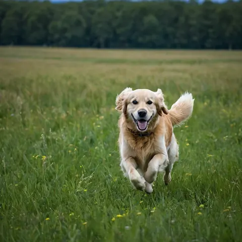A golden retriever running through a grassy field with wildflowers and trees in the background.