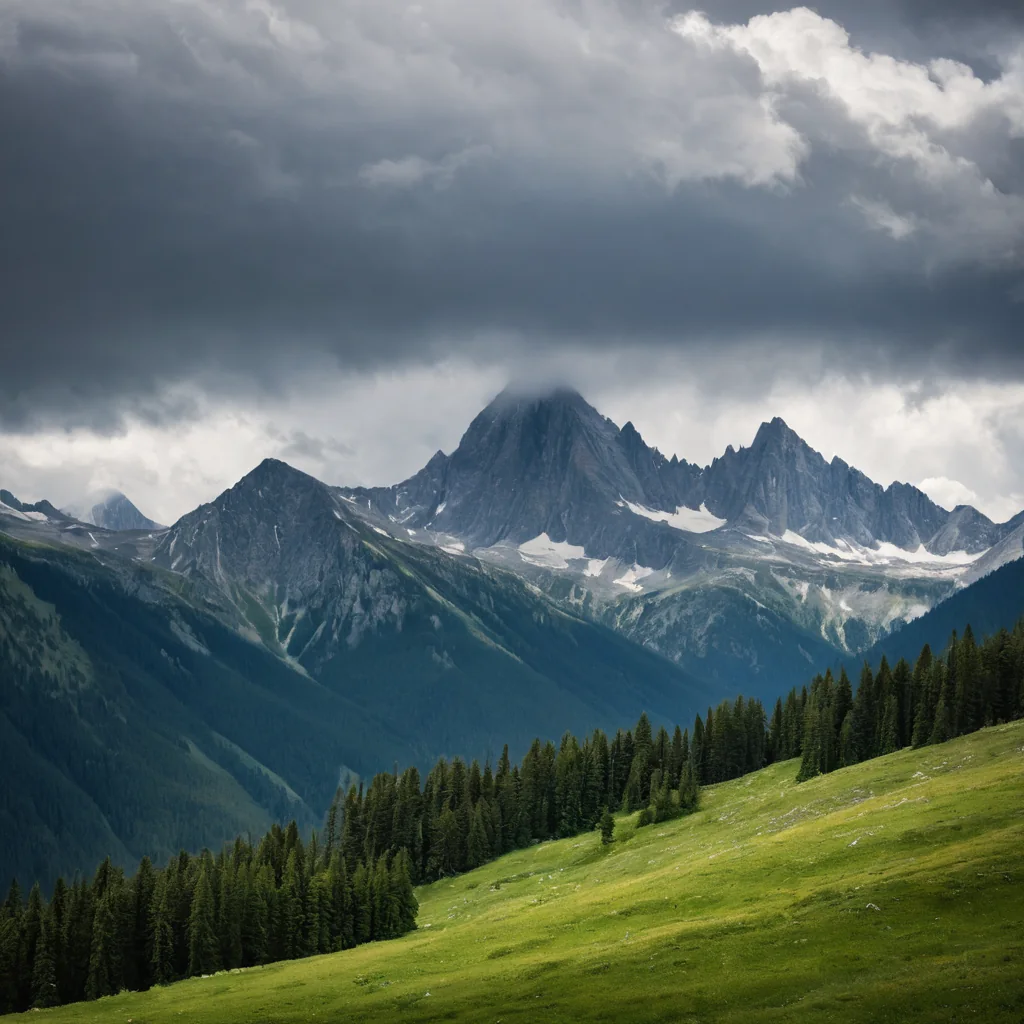 A green meadow with pine trees borders a rugged mountain range under a stormy sky.