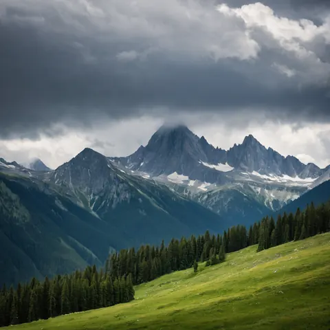 A green meadow with pine trees borders a rugged mountain range under a stormy sky.