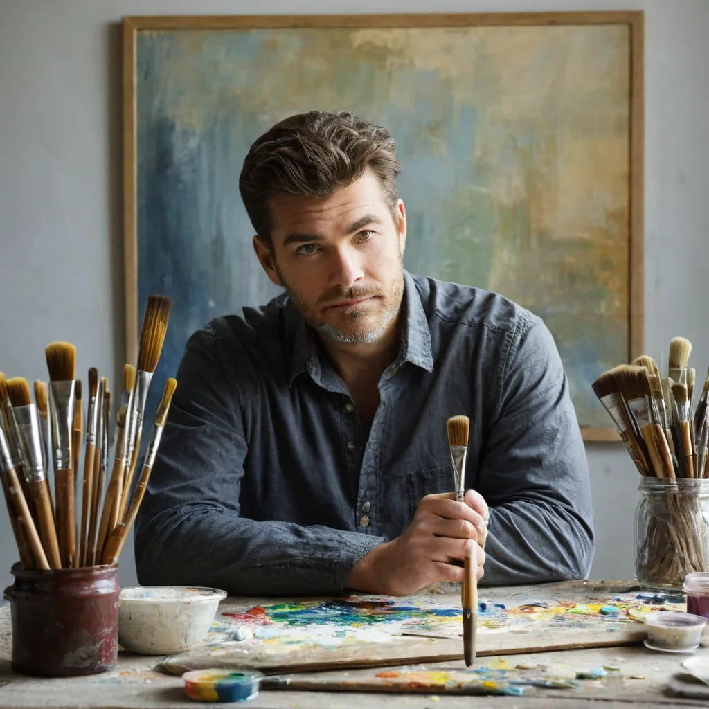 A male artist holding a paintbrush at his cluttered studio desk with art supplies and a large painting behind him.