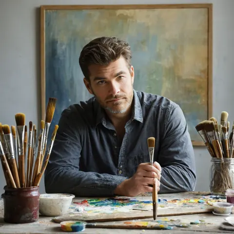 A male artist holding a paintbrush at his cluttered studio desk with art supplies and a large painting behind him.