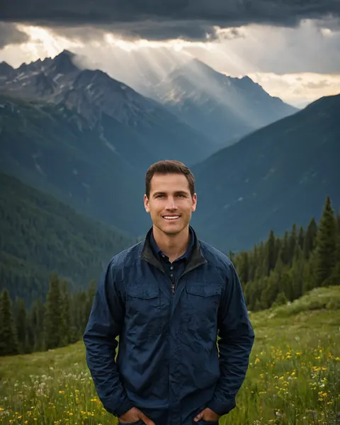 A man in a blue jacket smiles in a mountain meadow with sunbeams and evergreen trees.