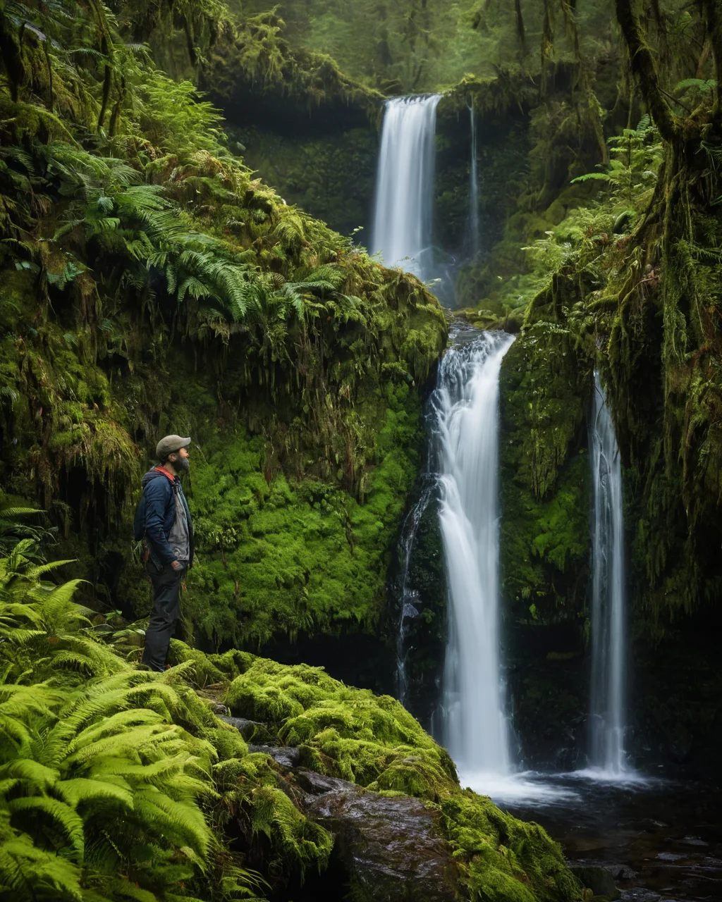 A man in a cap stands on mossy ferns watching a waterfall in a green forest.