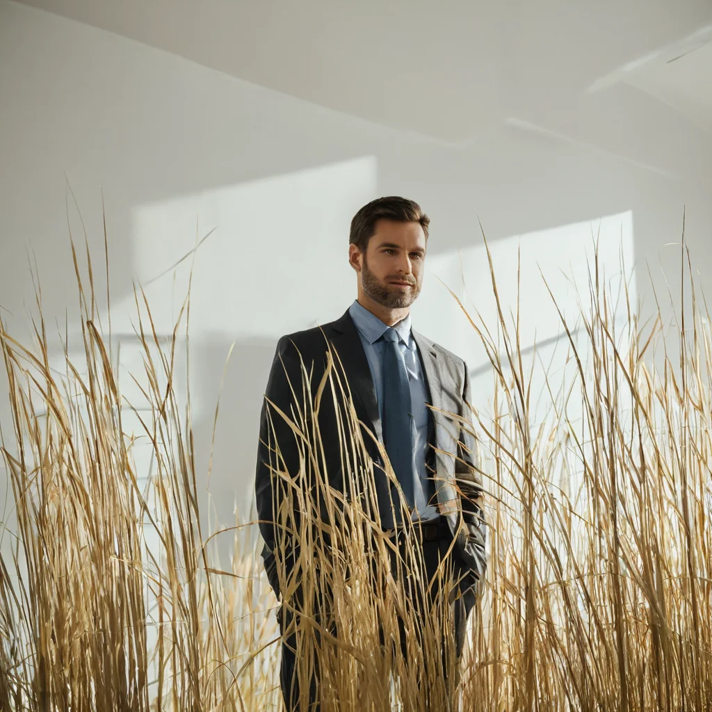 A man in a suit stands among tall golden grasses in a bright white room.