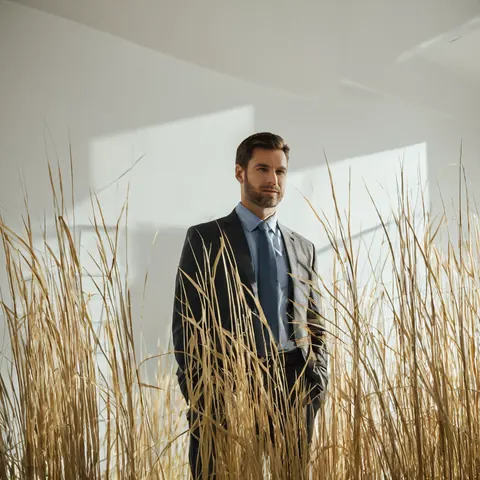 A man in a suit stands among tall golden grasses in a bright white room.