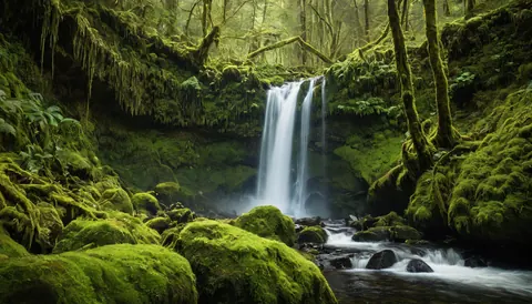 A mossy forest waterfall with flowing water and dappled sunlight through trees
