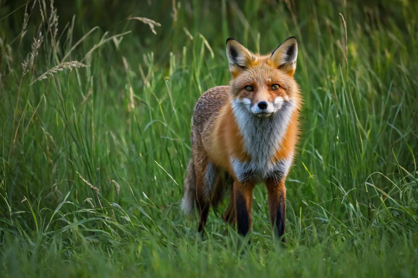 A red fox standing in tall green grass looking at the camera