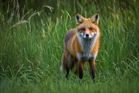 A red fox standing in tall green grass looking at the camera
