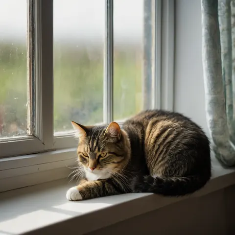 A tabby cat with white paws rests on a sunlit windowsill beside sheer curtains.
