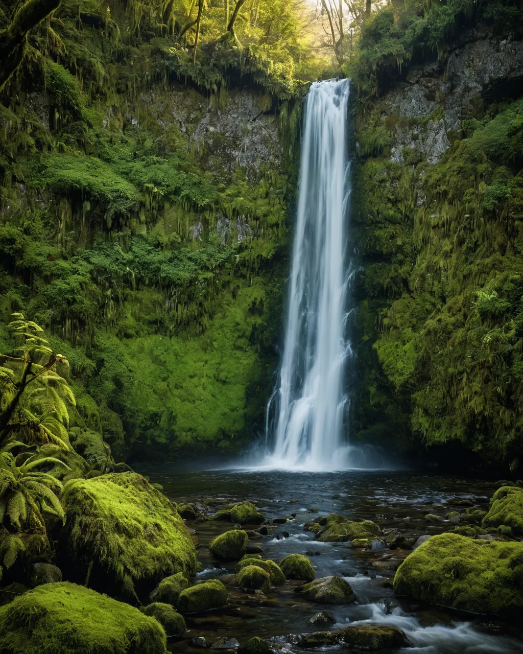 A tall waterfall flows into a pool among mossy rocks and ferns in a dense forest.