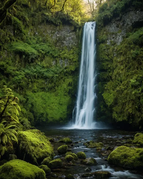 A tall waterfall flows into a pool among mossy rocks and ferns in a dense forest.