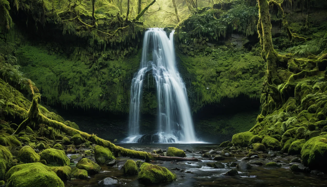 A waterfall flows over mossy rocks in a dense green forest with sunlight filtering through trees.