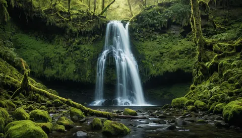 A waterfall flows over mossy rocks in a dense green forest with sunlight filtering through trees.
