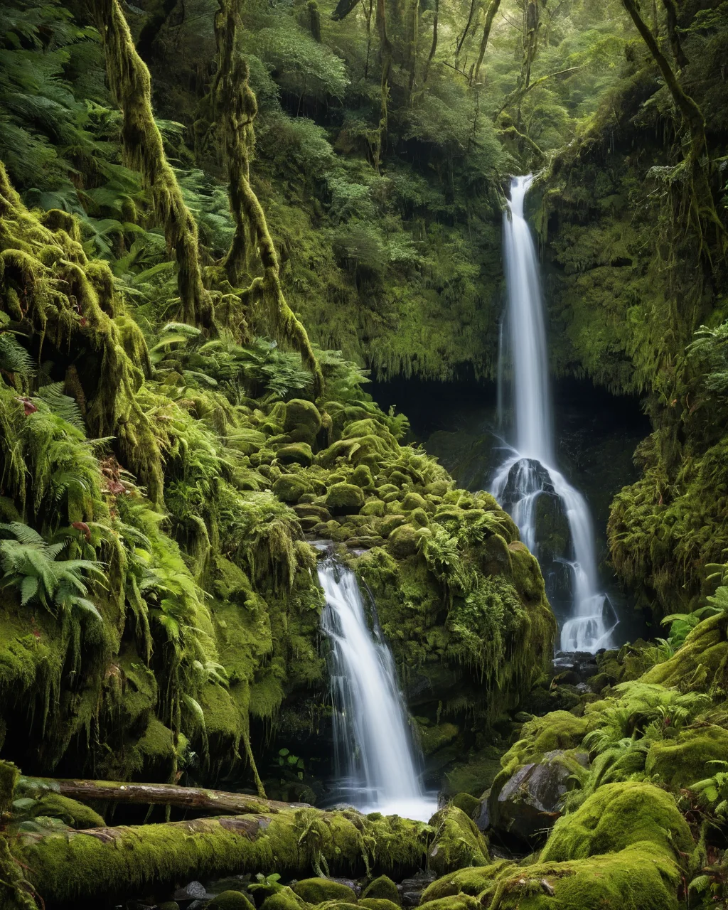 A waterfall flows through a dense green forest covered in moss and ferns.