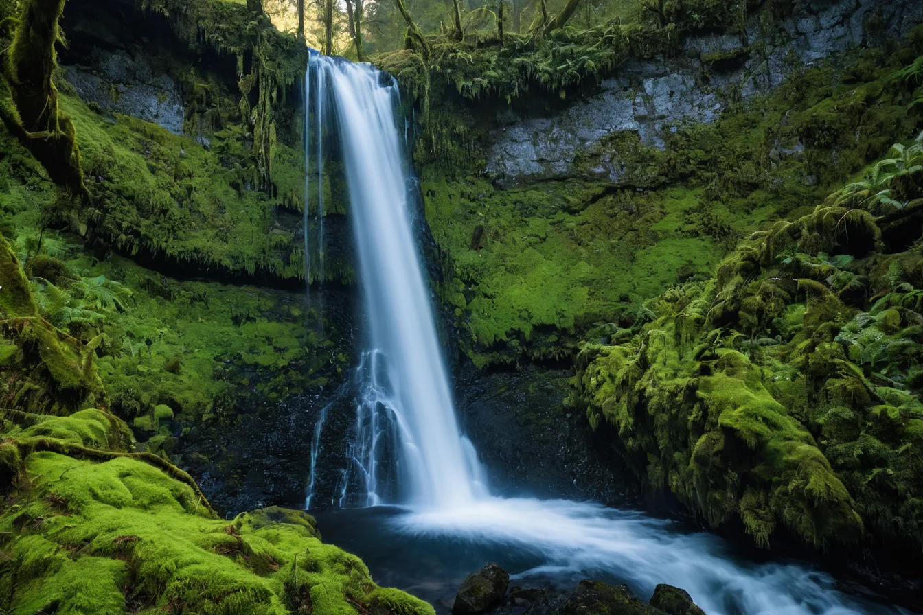 A waterfall flows through a moss-covered forest with emerald greenery and dark rocks.