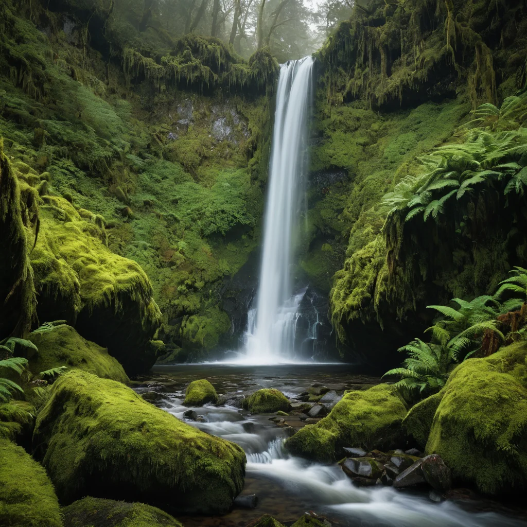 A waterfall flows through a mossy forest with ferns and misty trees.