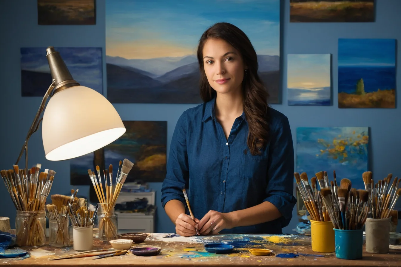 A woman artist in a blue shirt stands at a paint-splattered easel with brushes and paintings in a studio.