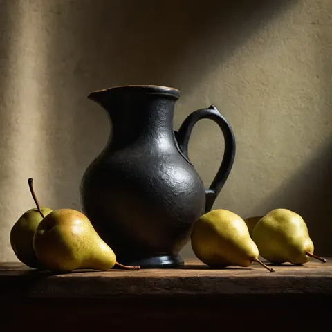 Dark ceramic pitcher and four pears on wooden table with dramatic lighting