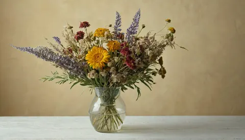Dried flower arrangement in glass vase on white table against beige wall