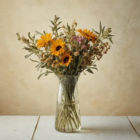 Dried sunflowers and wildflowers in a glass vase on a white wooden table.