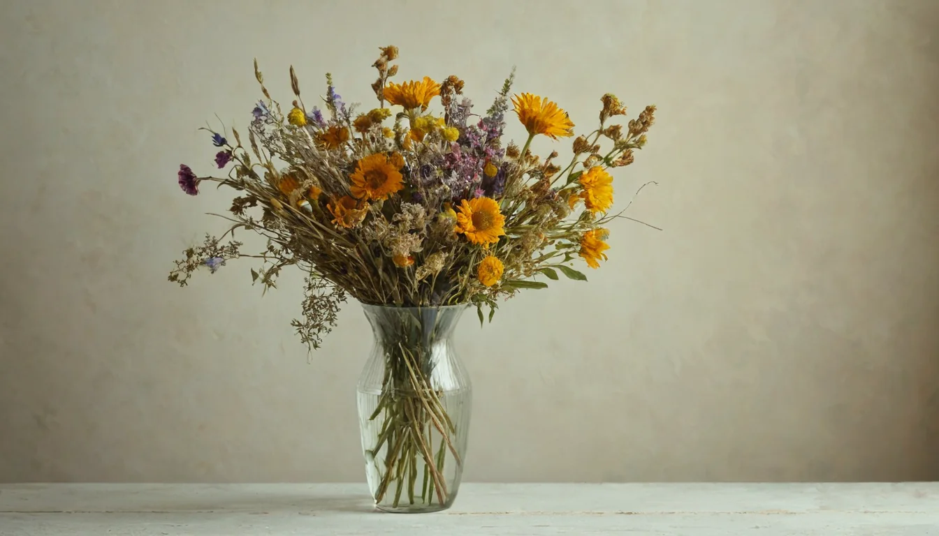 Dried wildflowers in a glass vase on a white wooden table against a beige wall.