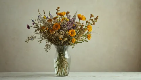 Dried wildflowers in a glass vase on a white wooden table against a beige wall.