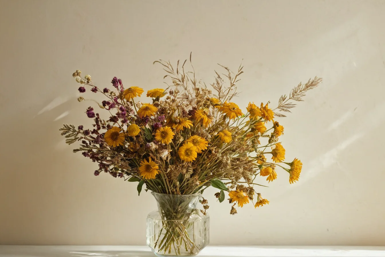 Dried yellow and purple flowers in a glass vase on a white surface with sunlight casting shadows on a beige wall.