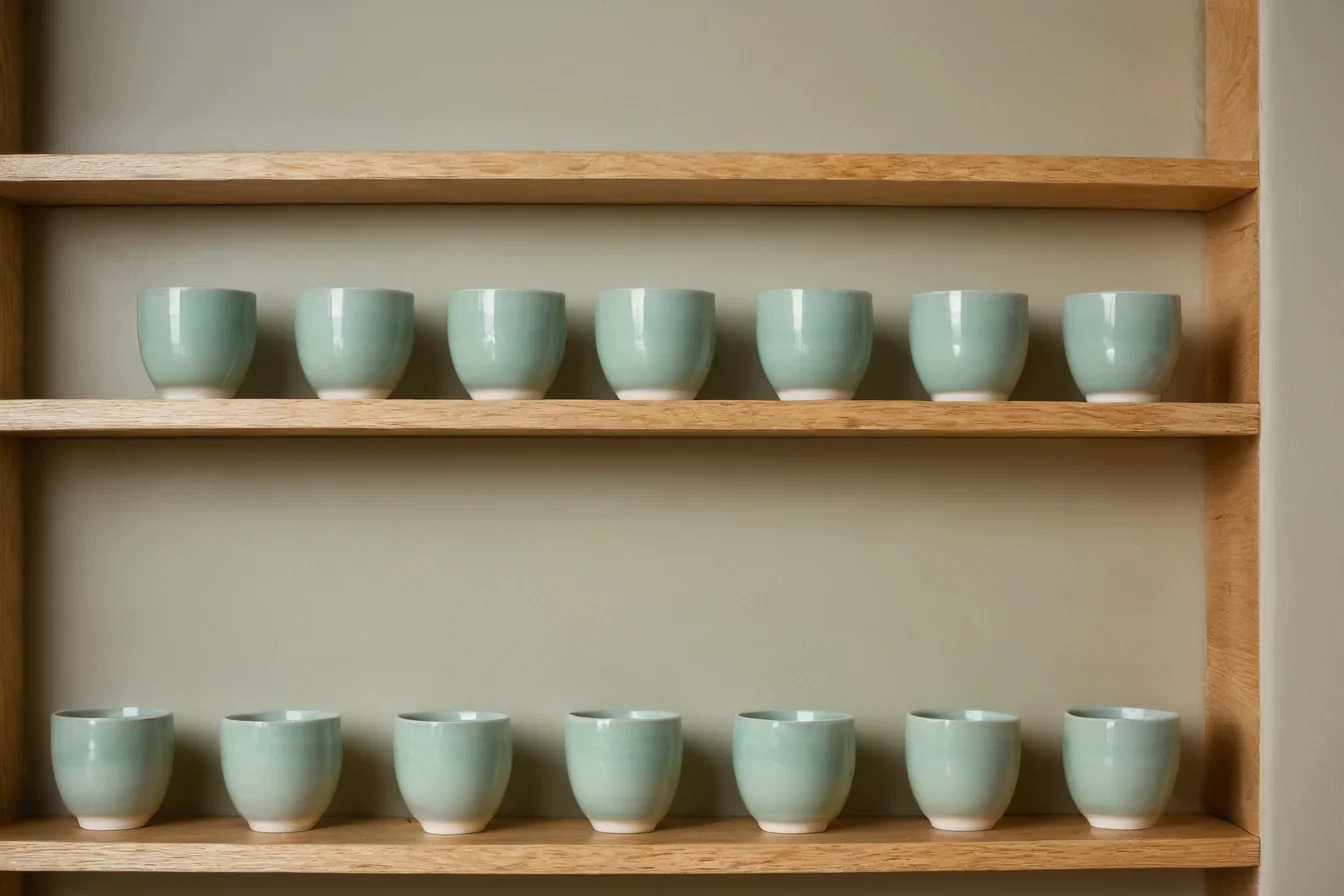 Eight seafoam green ceramic cups arranged on two wooden shelves.