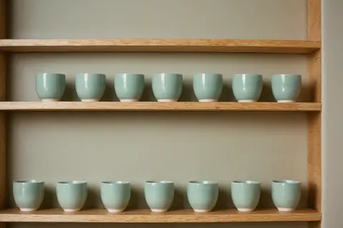Eight seafoam green ceramic cups arranged on two wooden shelves.