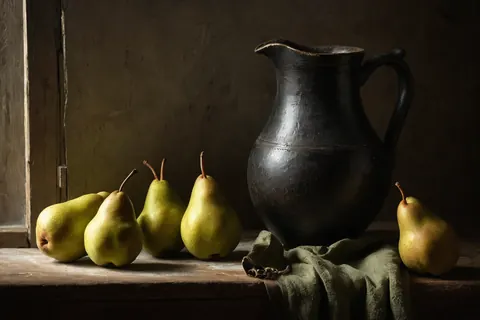 Five pears and a jug on a wooden windowsill with dramatic lighting.