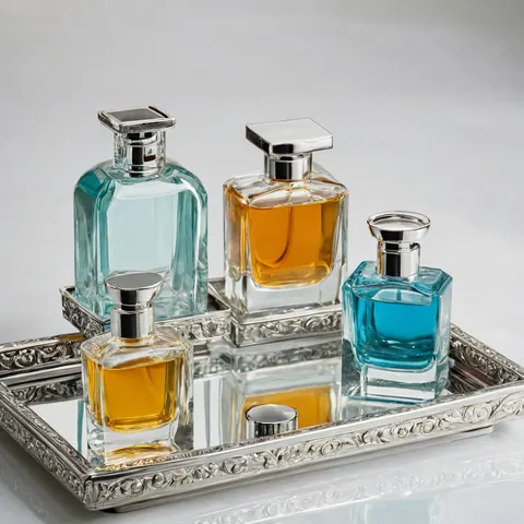 Four perfume bottles with silver caps on an ornate silver tray with reflections.