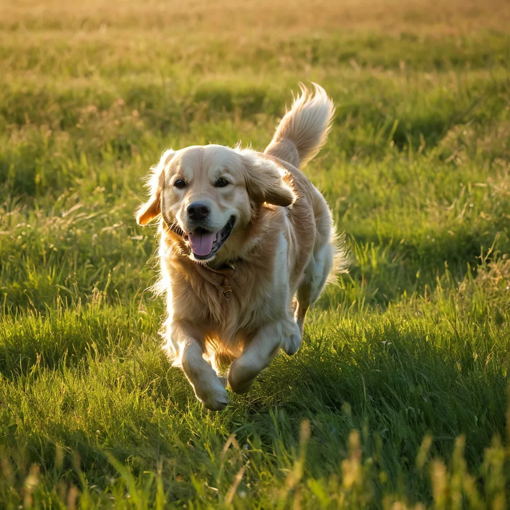 Golden retriever running through grass with tongue out and tail wagging