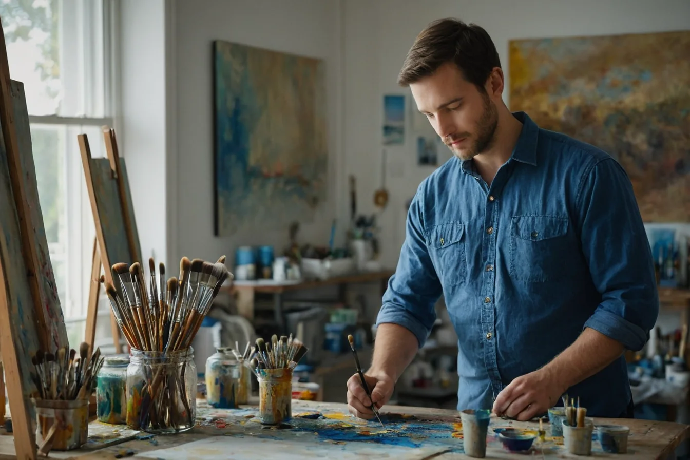 Male artist mixing paints in a sunlit studio with brushes and canvases