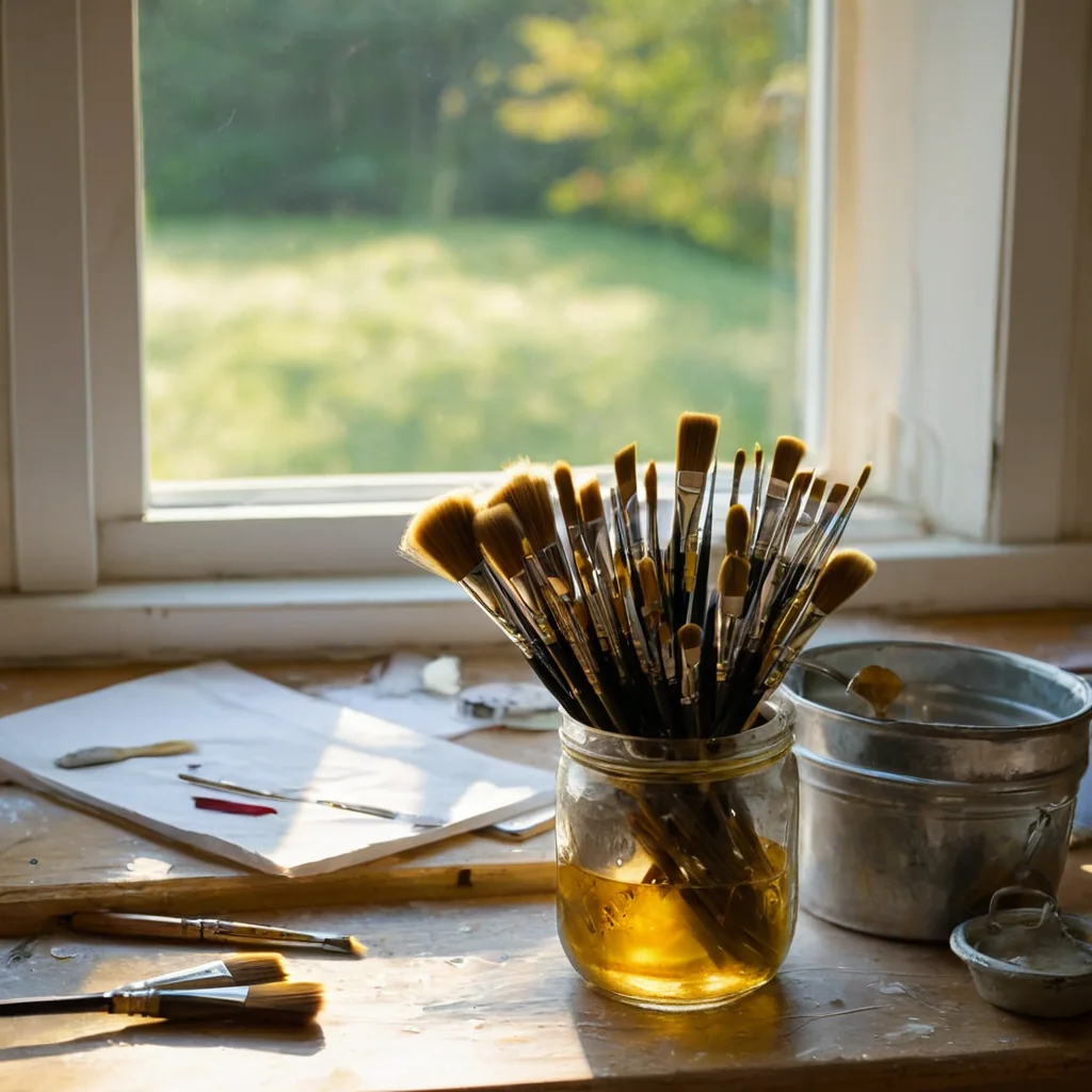 Paintbrushes in a jar of water on a wooden workbench near a sunny window.