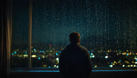 Person in silhouette watching rain on window with blurred city lights behind