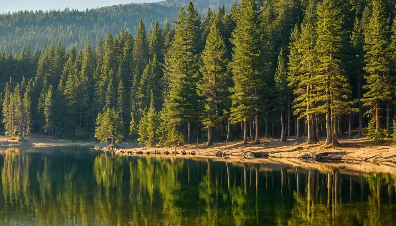 Pine trees reflect in calm lake water with forested mountain in background