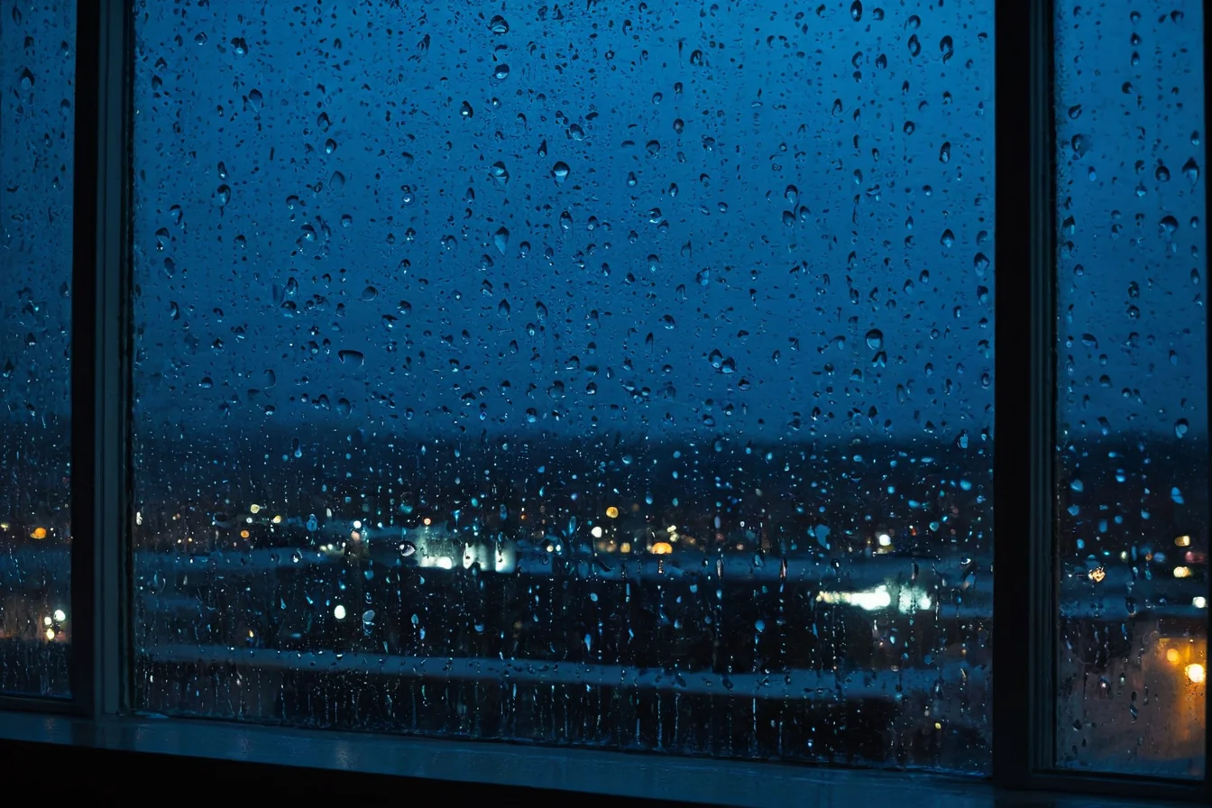 Raindrops on a window overlooking a snowy city at night with glowing lights