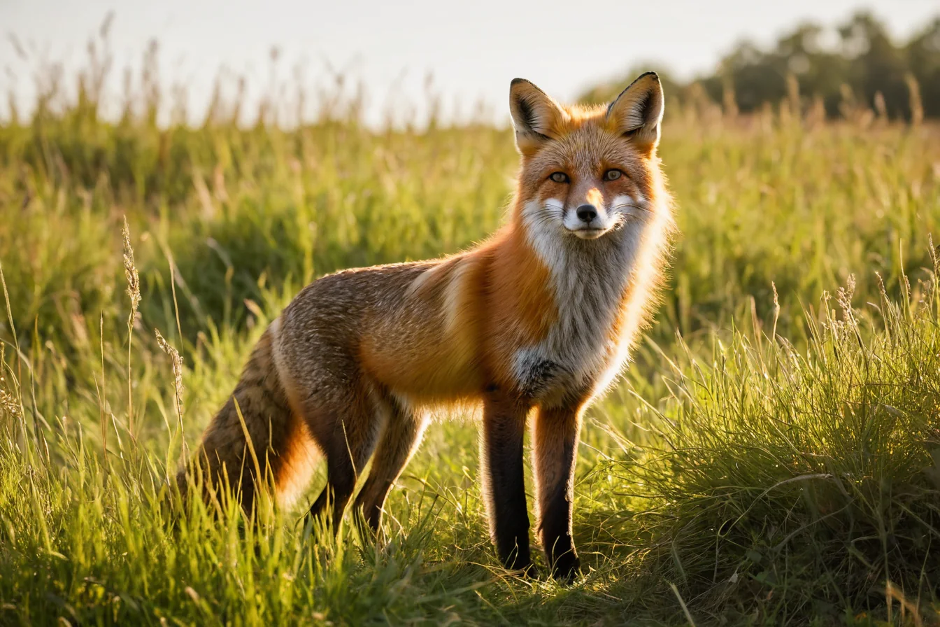 Red fox standing in tall grass at sunset with golden light on fur