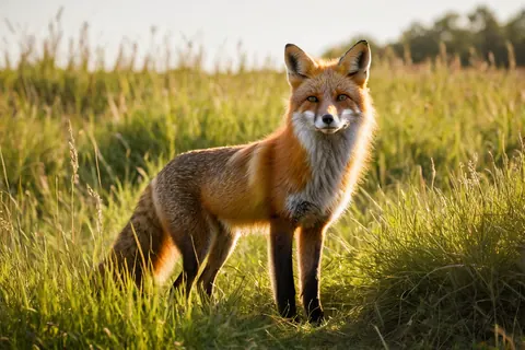 Red fox standing in tall grass at sunset with golden light on fur